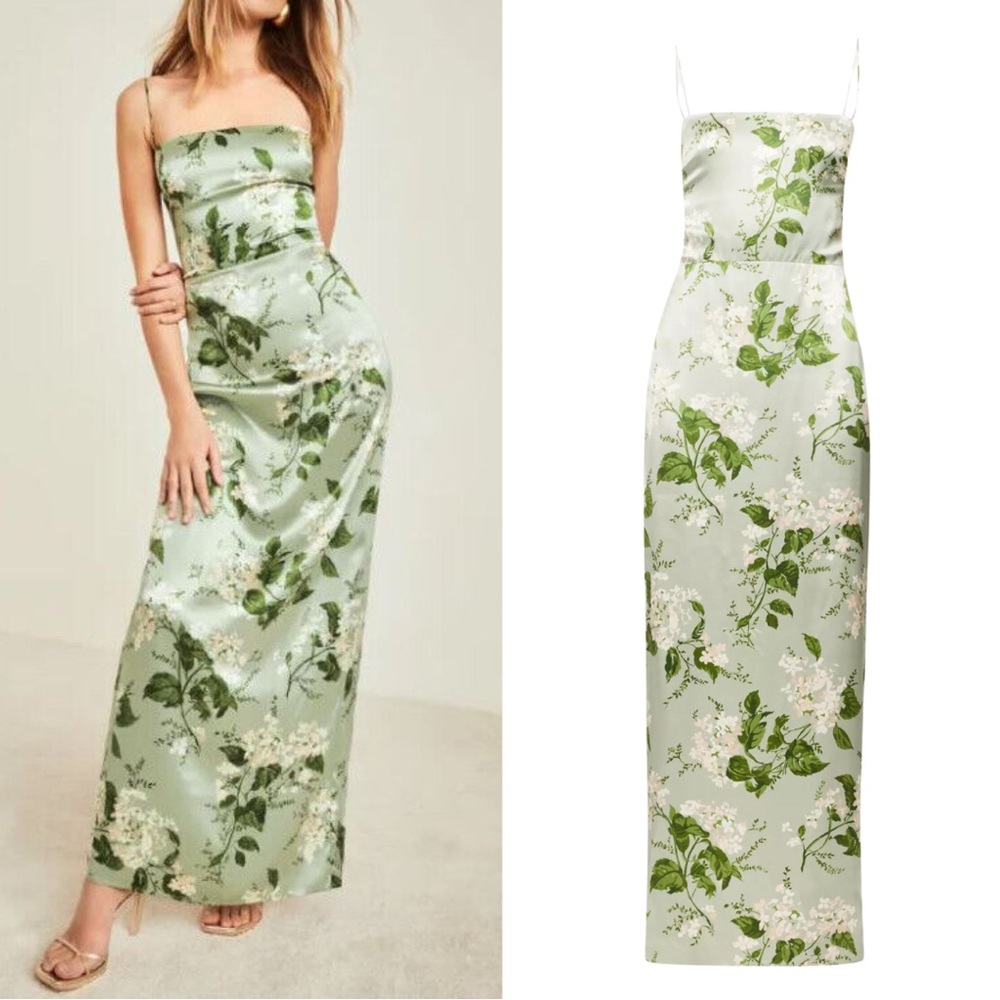 NWOT Reformation Frankie Silk Dress in Tea Garden (Green Floral Print) size 2